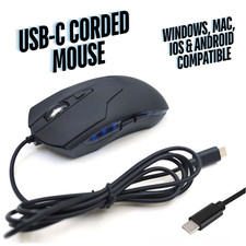 Wired USB-C 6-Button Quiet Mouse, 4-DPI Speeds, Ergonomic LED Backlight - Mac/PC
