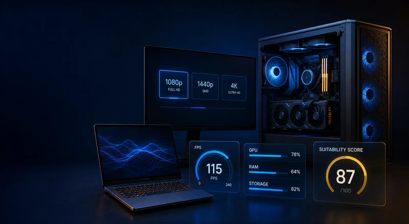 Gaming desktop and laptop evaluated by resolution, frame rate, components and a suitability score