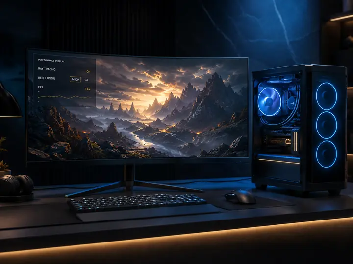 Gaming desktop and ultrawide display illustrating demanding 1440p and 4K gaming