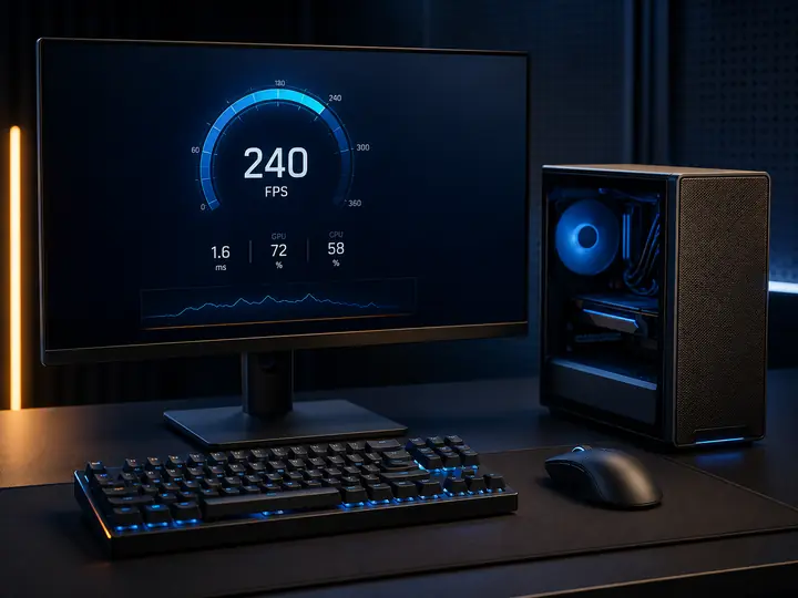 High-refresh gaming monitor and desktop displaying a 240 FPS performance gauge