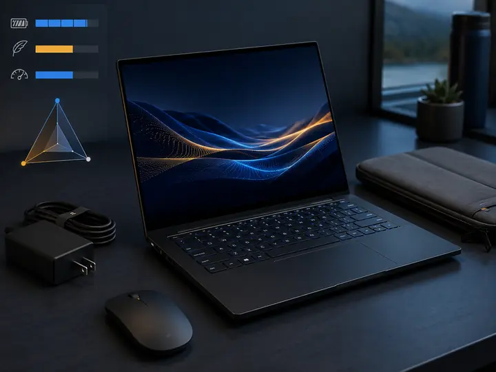 Travel-ready gaming laptop with battery, portability and performance indicators