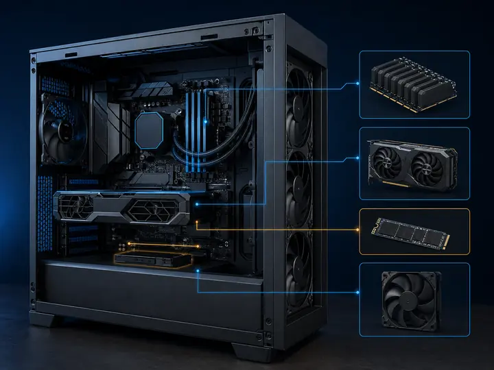 Open gaming desktop showing replaceable graphics, memory, storage and cooling components
